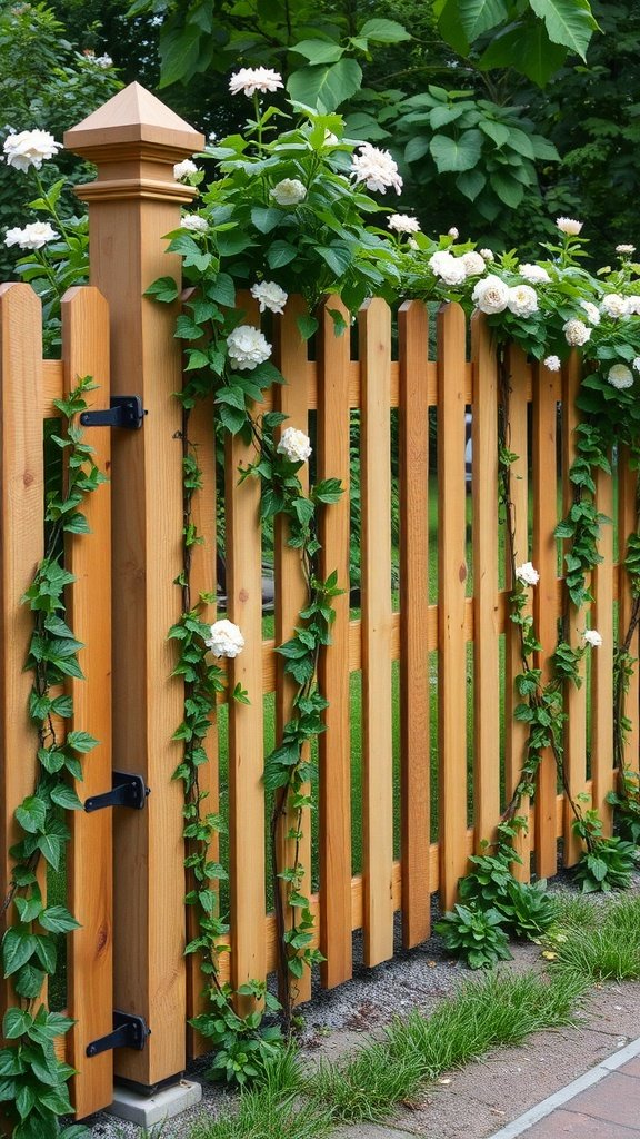 Elegant wooden fencing adorned with climbing plants and flowers.