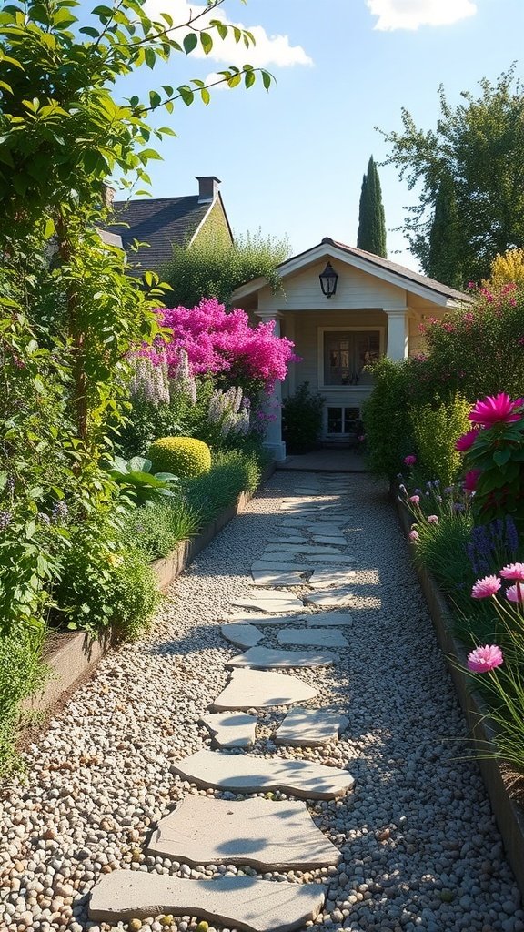 A beautiful garden pathway made of stone and gravel, surrounded by colorful flowers and greenery.