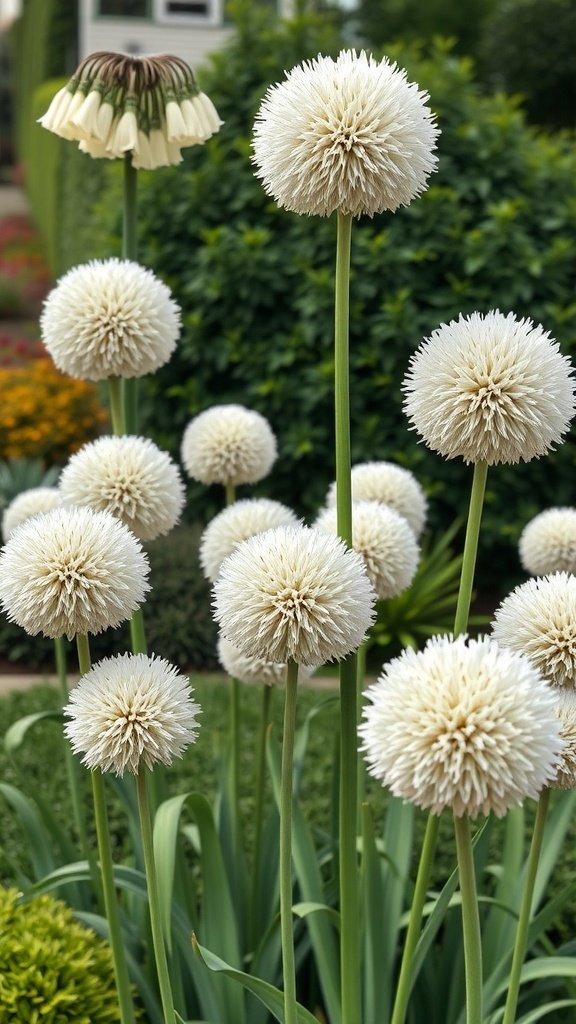 A cluster of giant allium flowers with fluffy white spherical blooms and tall green stems.