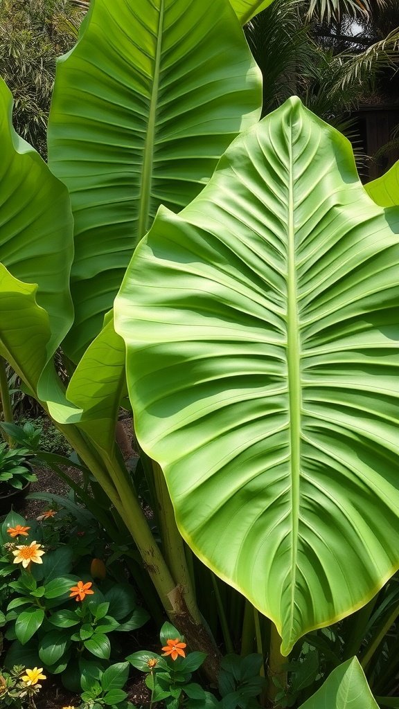 Giant Elephant Ear plant with large green leaves in a garden setting