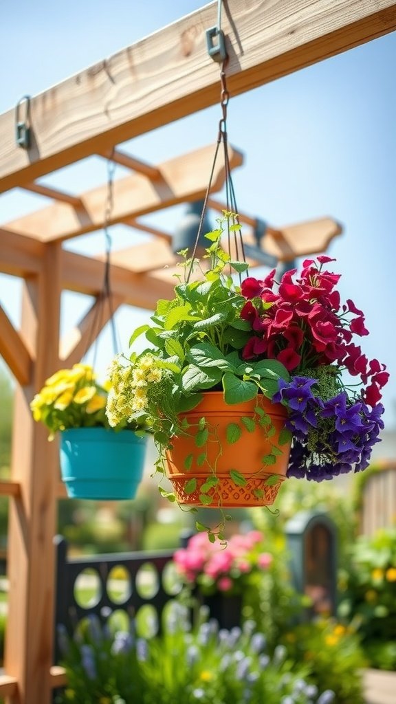 Hanging baskets filled with vibrant flowers and herbs in a sunny outdoor setting.
