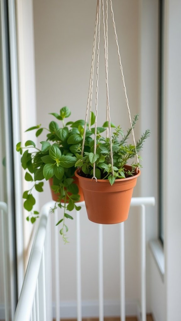Hanging herb planters with various herbs on a balcony.