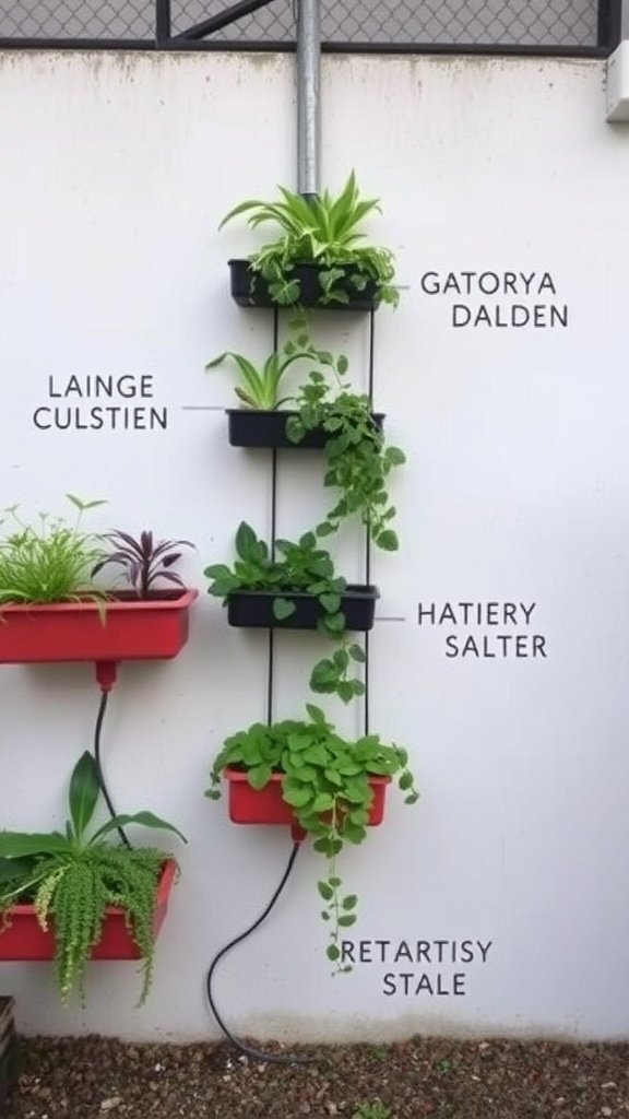 An image of a hanging vertical garden with various plants in colorful planters.