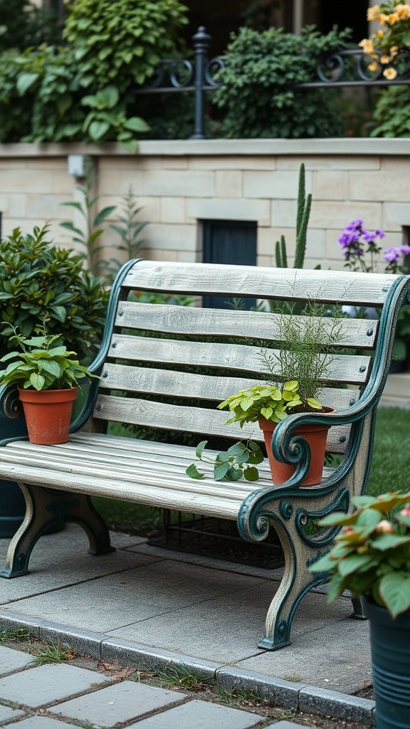 A wooden garden bench with potted herbs on either side, surrounded by greenery.