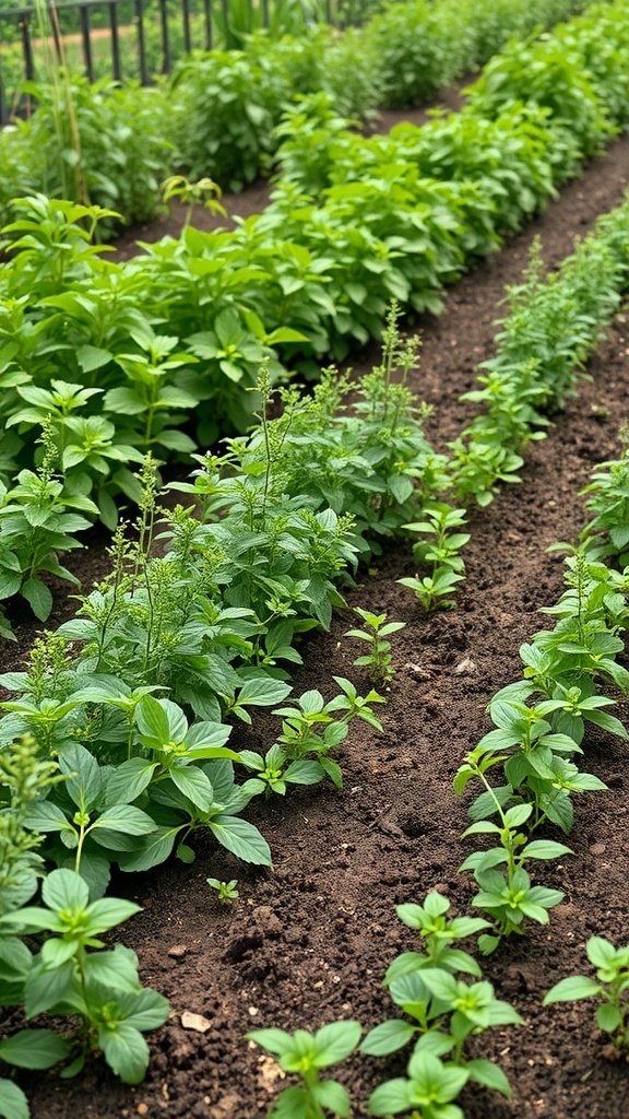 A lush herb border in a garden with various green herbs in neat rows.