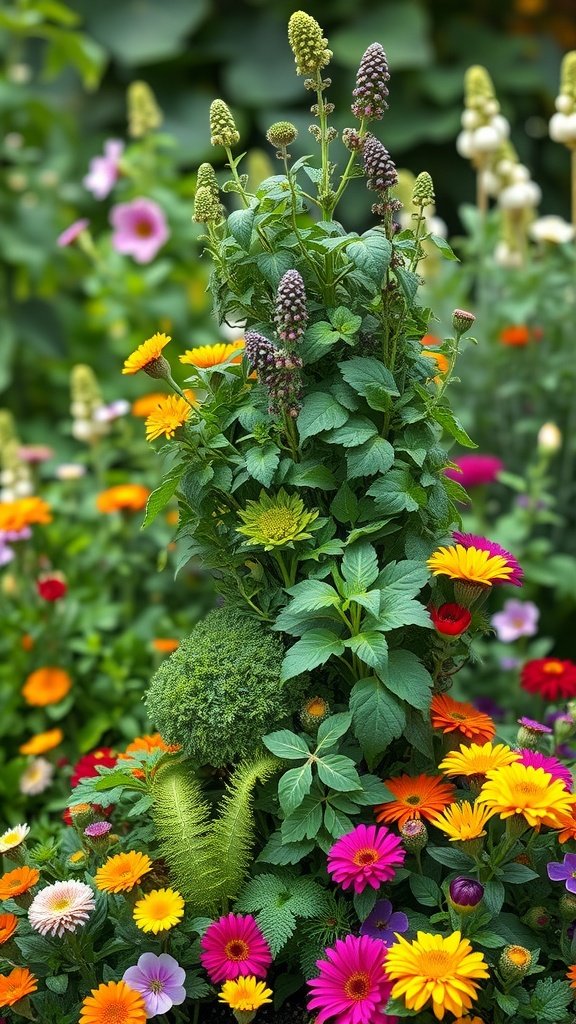 A colorful herb spiral garden design featuring a variety of herbs and flowers.