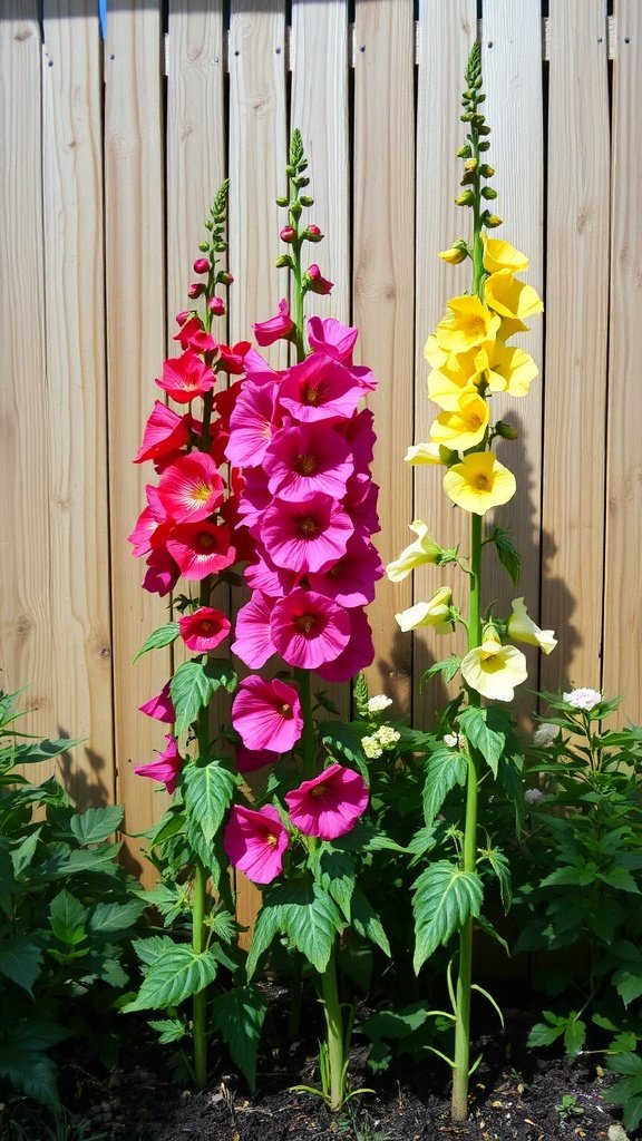 Tall hollyhocks in pink, yellow, and red against a wooden fence.