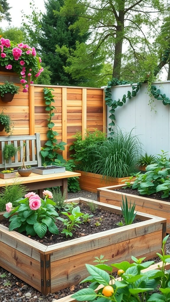 A beautiful raised bed garden with incorporated seating and lush plants.