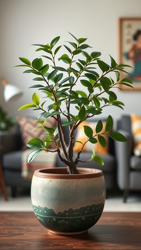 A jade plant in a decorative pot, with lush green leaves and a sturdy trunk.