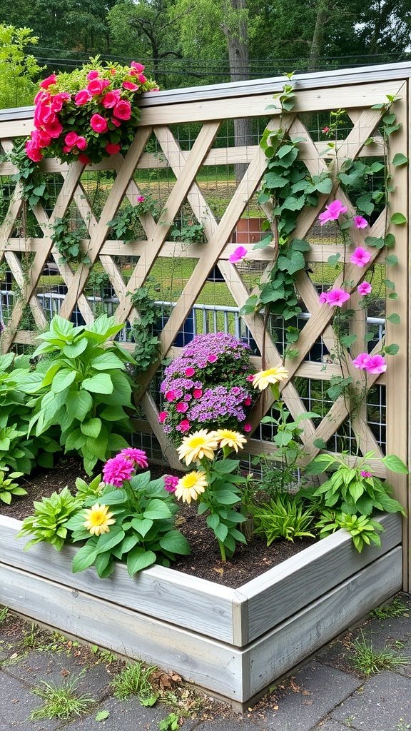 A raised bed garden with vibrant flowers and a lattice fence.