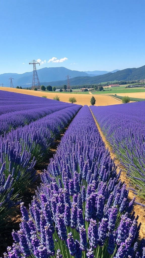 Lavender fields with a scenic view of the countryside and mountains.