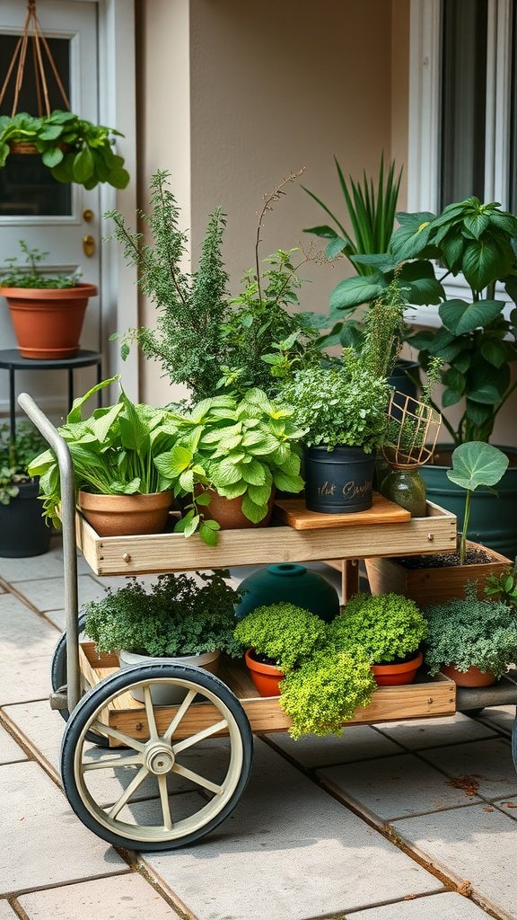 A wooden mobile cart filled with various potted herbs and plants, set on a patio.