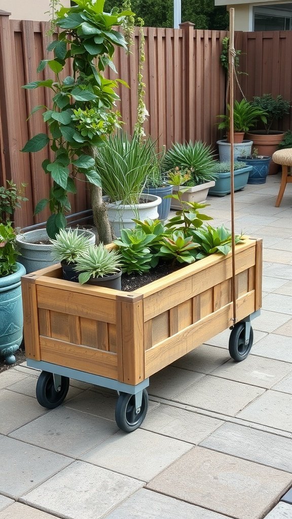 Mobile raised bed garden on wheels filled with various plants