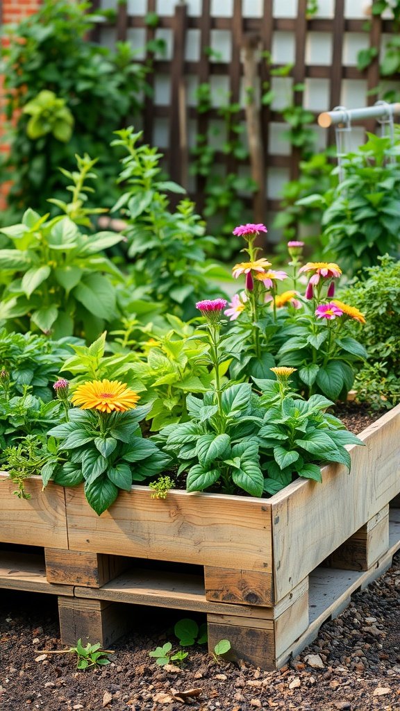 A beautiful garden bed made from wooden pallets filled with vibrant plants and flowers.