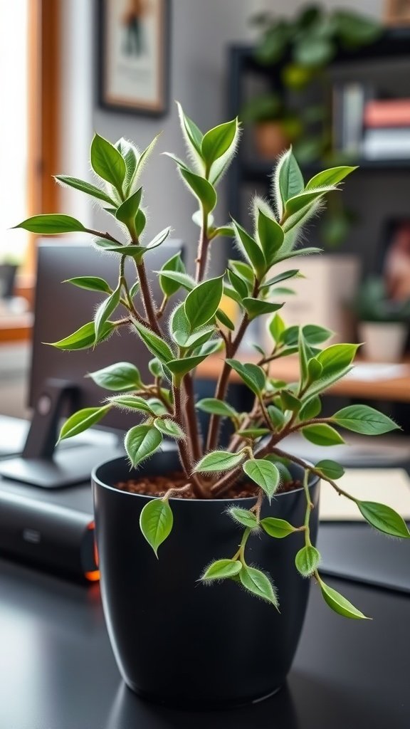 A panda plant with fuzzy green leaves in a black pot, placed on a desk.