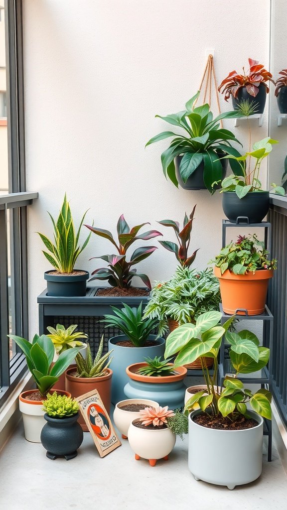 A variety of potted plants arranged on a balcony, showcasing a portable container garden.
