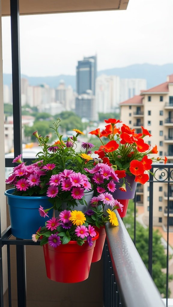 Colorful rail planters filled with flowers on a balcony railing