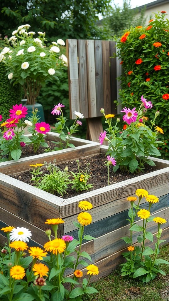 Colorful flowers surrounding a raised garden bed made from reclaimed wood.