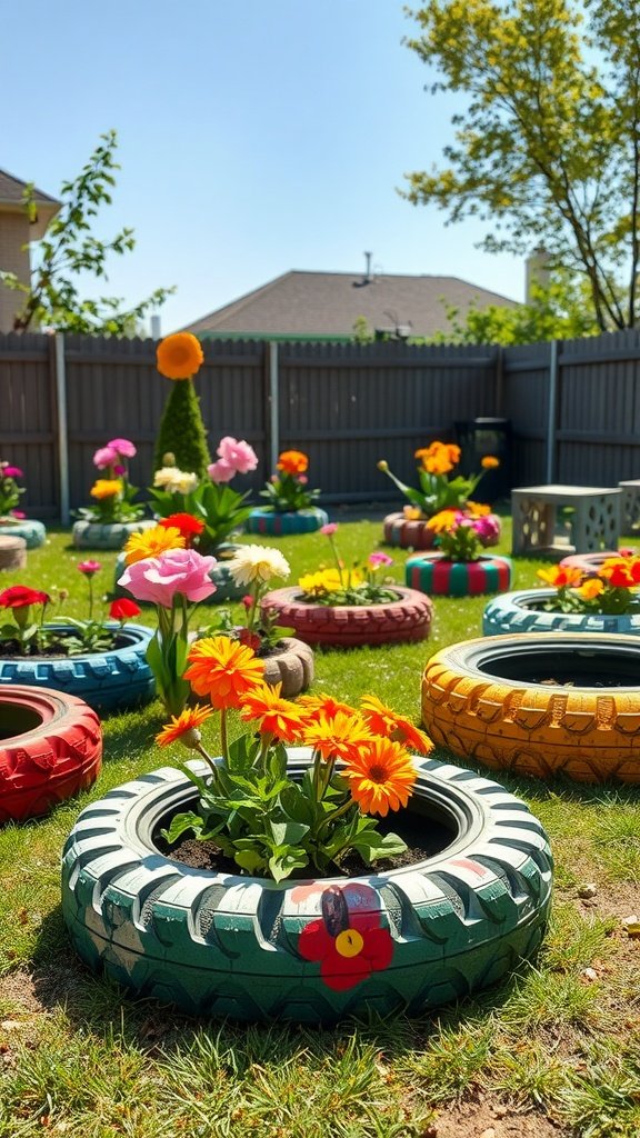 Colorful recycled tire planters filled with flowers in a garden