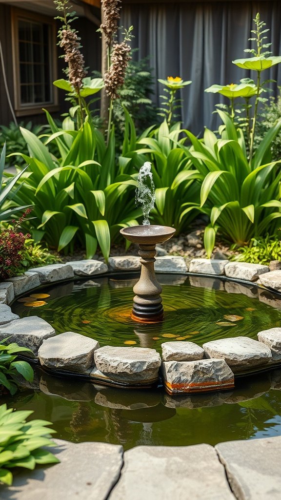 A serene backyard with a small fountain surrounded by lush green plants and stones.