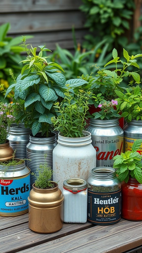 A variety of repurposed containers filled with herbs, including jars and cans.