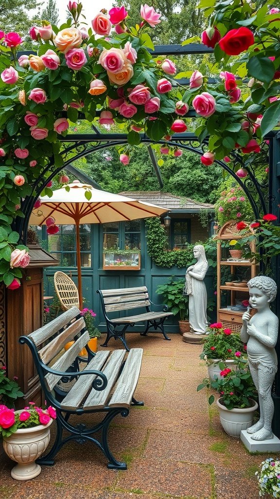 A romantic secret garden featuring vibrant roses, cozy benches, and decorative statues.