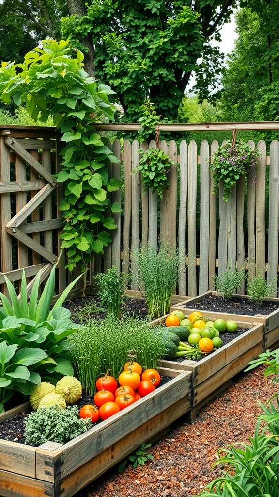 Rustic potager garden with raised beds of vegetables and herbs