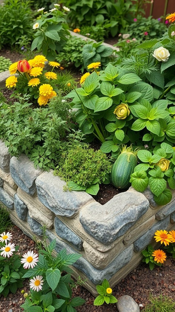 A rustic stone raised bed filled with vibrant flowers and greenery.