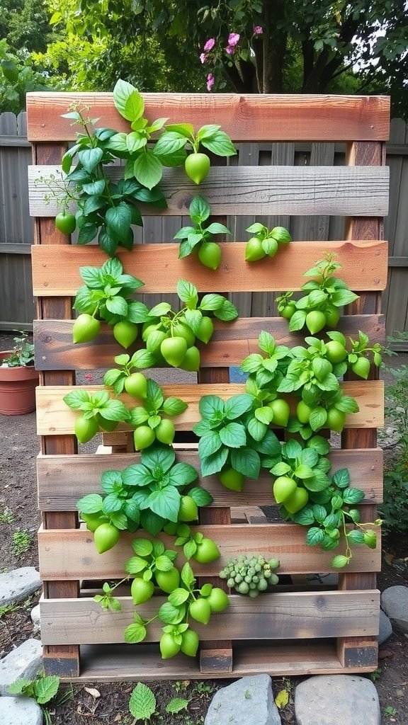 A wooden pallet with various green plants growing on it.