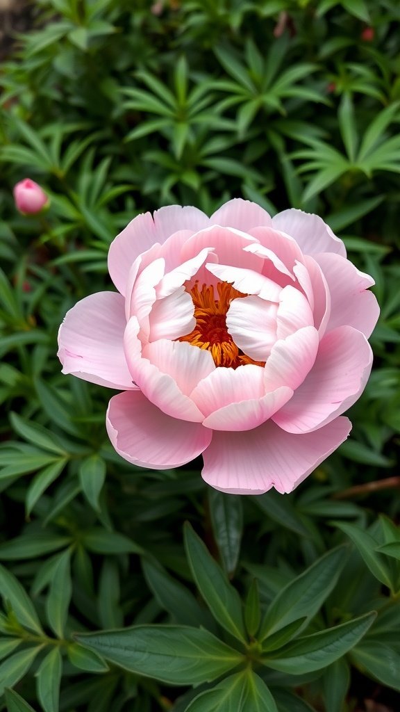 A close-up of a pink Sarah Bernhardt peony flower surrounded by green foliage.