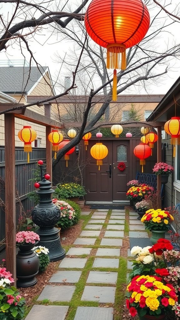 A cozy backyard path lined with colorful lanterns and vibrant flowers.