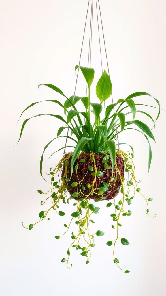A vibrant spider plant in a hanging pot with long green tendrils.