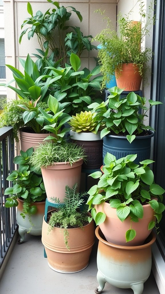A collection of stacked planters filled with various green plants on a balcony.