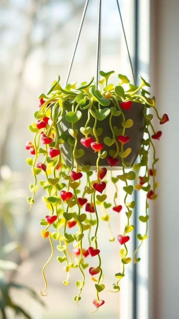 Hanging String of Hearts succulent with heart-shaped leaves cascading down.