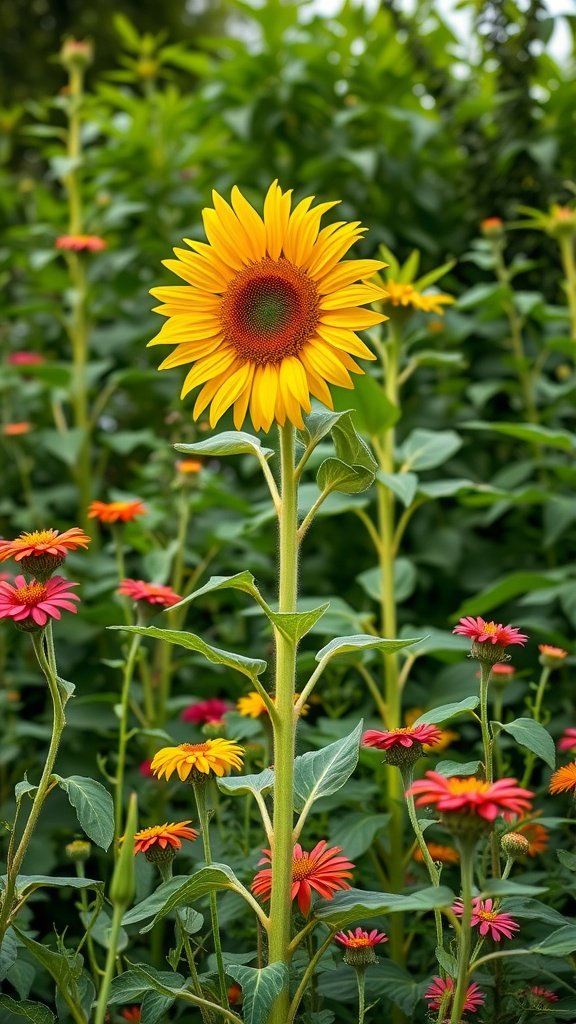 A vibrant sunflower standing tall amidst colorful flowers in a garden