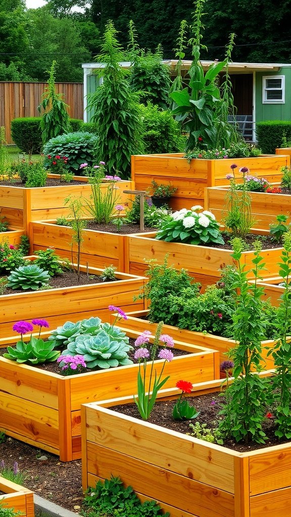 A beautiful arrangement of tiered wooden garden beds filled with colorful flowers and plants.