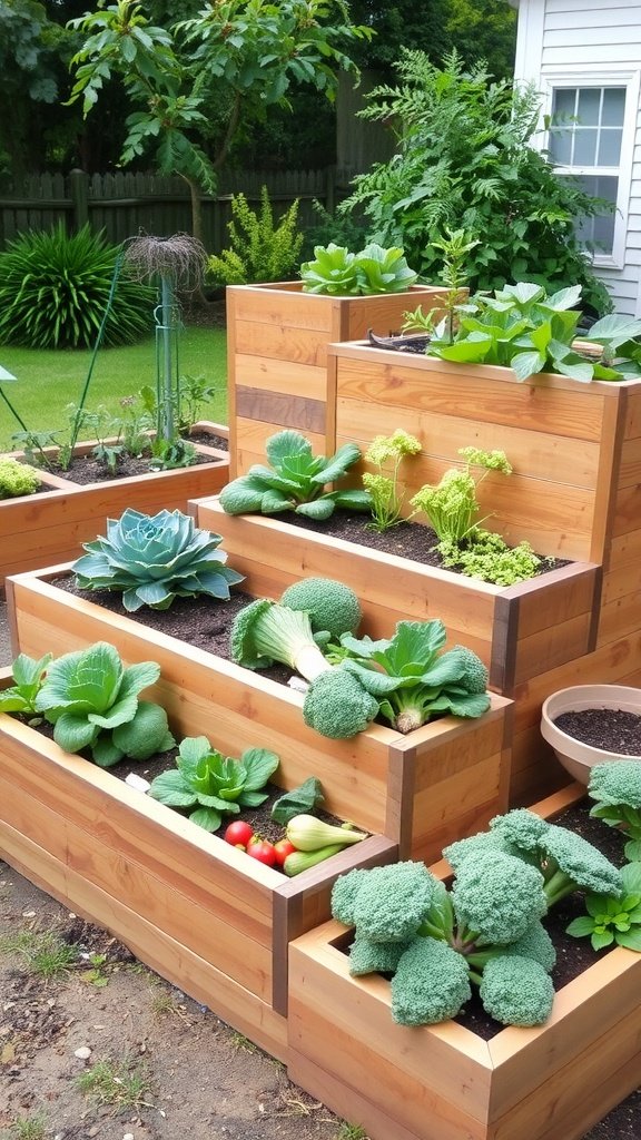 Tiered wooden planters filled with various vegetables including lettuce, broccoli, and tomatoes.