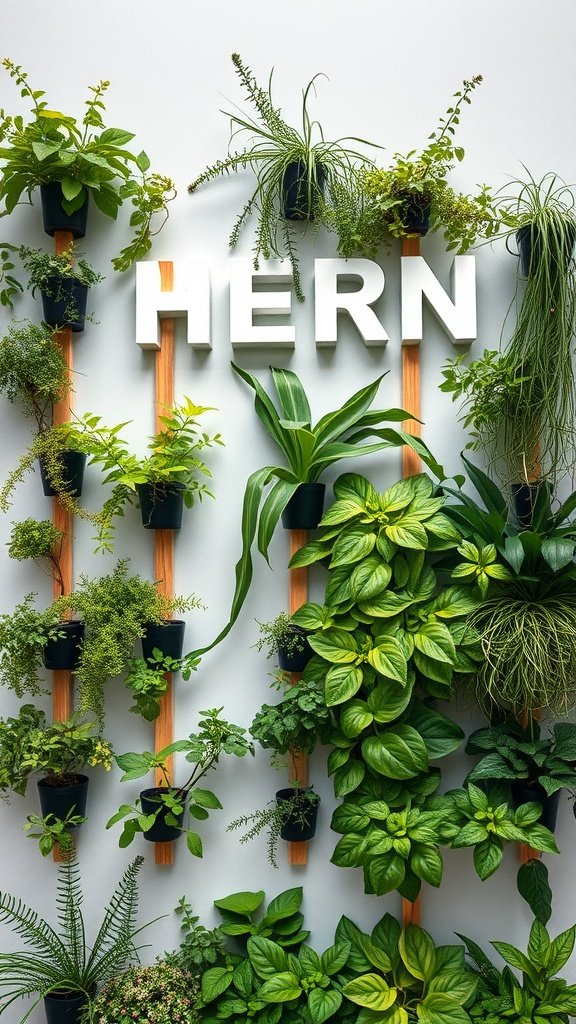 A vertical garden with various plants arranged in pots on a wall.