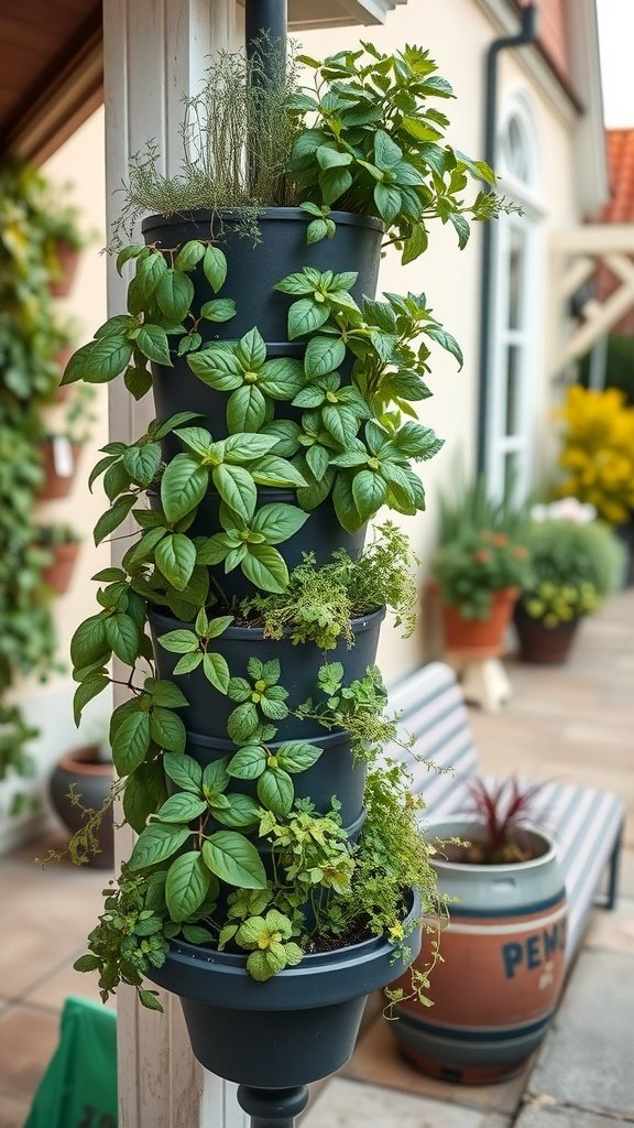 A vertical herb planter with various herbs growing in it.