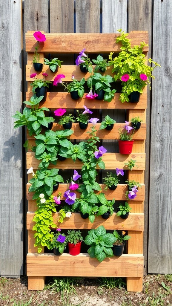 Vertical pallet garden with colorful flowers growing in small pots attached to a wooden frame.