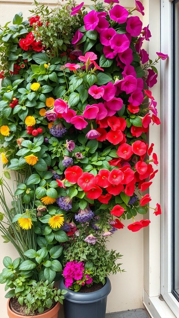 A vibrant vertical plant wall featuring colorful flowers and greenery.