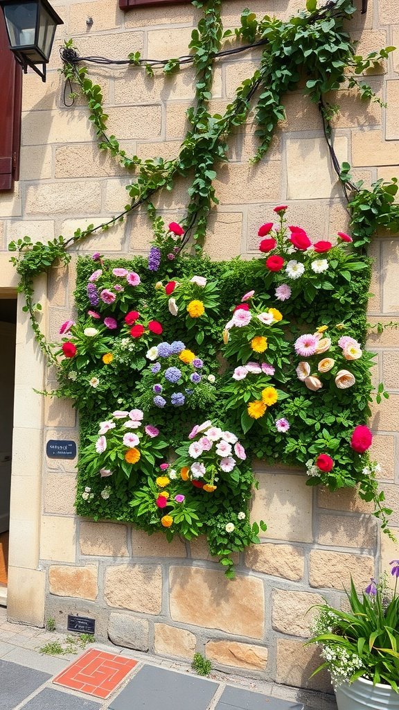 A colorful vertical garden with various flowers on a stone wall.