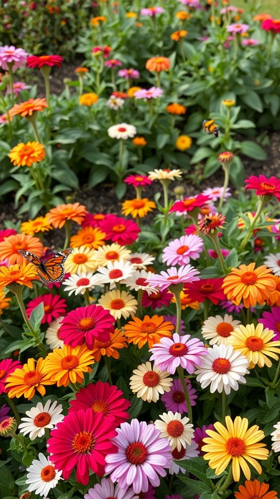 A colorful array of zinnias in a garden, featuring butterflies.