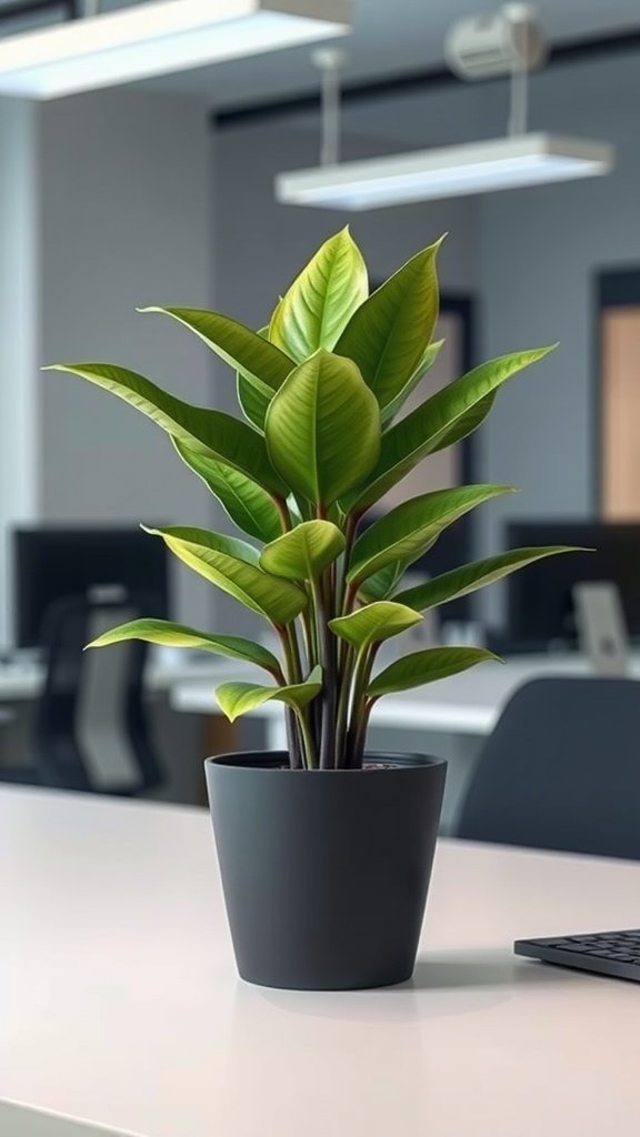 A ZZ plant in a modern pot on a desk in an office setting.